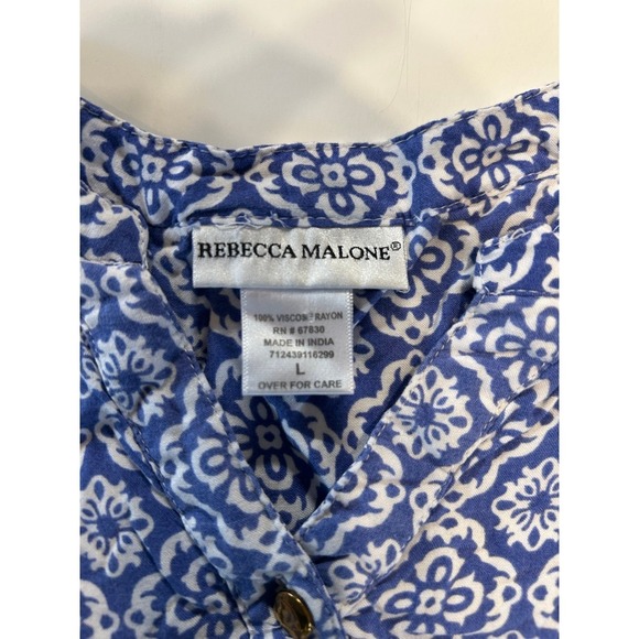 Rebecca Malone Blouse Womens Large Blue White Medallion Print Rayon Button Top - Picture 5 of 6